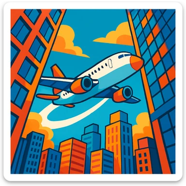 A plane flying through two skyscrapers, cityscape, dramatic perspective, vibrant colors, no text sticker