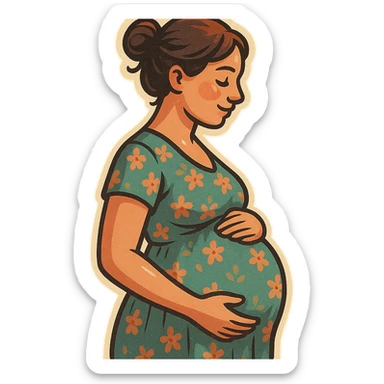 pregnant woman half-length portrait, standing sideways, holding belly, face and head fully in frame, retro stickers style, soft rounded shapes, expressive contours, vintage color palette, light paper texture, shadows and highlights, transparent background, dress with floral pattern and hair tied up sticker
