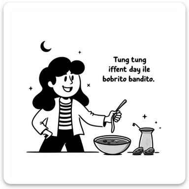 black doodle of a joyful iftar scene with a burrito bandit character, playful and fun, labeled 'Tung tung iftar ile bobrito bandito' sticker