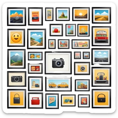 Icon for Photograph and Poster Collecting: a collection of photographs and movie posters, neatly displayed on a wall or in frames. The icon should evoke the nostalgia and artistic value of collecting rare images and posters. Transparent background. sticker