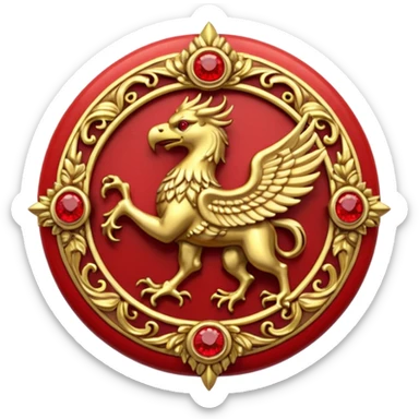 Golden griffin crest / brosch in a circle with red gems and no background sticker