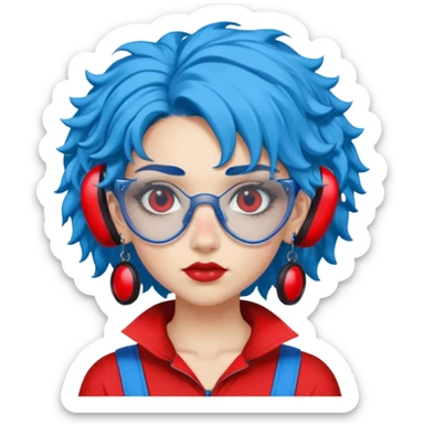 blue curly haired girl with huge earrings, wearing red paintball eye protection, only face  sticker