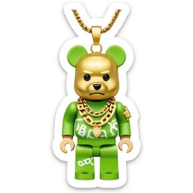 classic bearbrick figure with lime green mask covered in chaotic brand logos, wearing several large gold chains, gold pendant, rapper style accessories, expressive eyebrows sticker