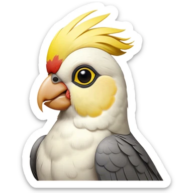 Cinematic Noble Cockatiel Portrait Emoji, Poised and regal, with a slender, delicate build and a beautifully groomed grey fur accented by vibrant yellow cheek patches and a graceful crest, deep-set soulful dark eyes, Simplified yet sharp and sophisticated features, highly detailed, glowing with a soft, dignified glow, high shine, intelligent and charming, stylized with an air of elegance, focused and attentive, soft glowing outline, capturing the essence of a watchful and confident avian companion, so majestic it feels as though it could flutter out of the screen with effortless authority! sticker