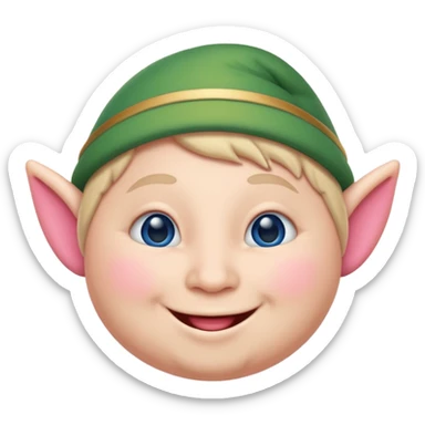 A blue emoji with fat pink cheeks and is smiling like a elf sticker