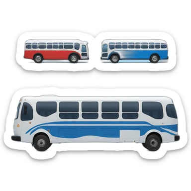 bus in front of a blue and white bus with the brand gathered sticker