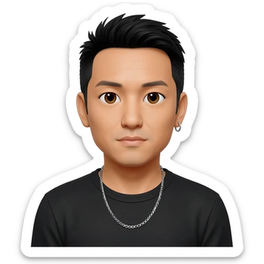 Mike Shinoda with brown eyes, black hair, black metallic t-shirt, silver necklace sticker