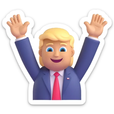 Make Donald Trump emoji do a victory tour pose with arms raised and a big smile, keeping the 3D emoji style, no background. sticker