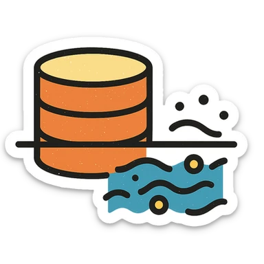 abstract minimalist icon of stacked disks partially submerged below a horizontal line representing underground, with flowing abstract data streams of lines, dots, or waves, worn and distressed effect sticker