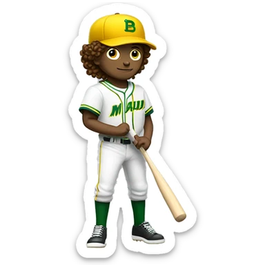 White boy with brown curly hair swinging baseball bat with green and yellow uniform with an M in his hat sticker