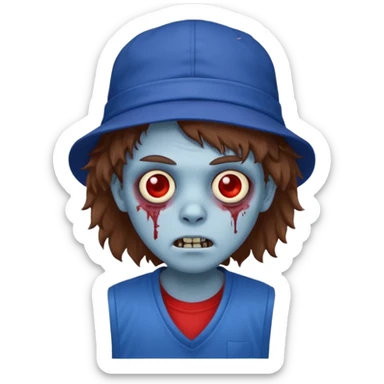brown fluffy hair zombie with blue and white hat dark blue jilet red t shirt sticker