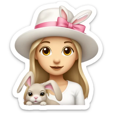 girl in a white hat with a hare in her arms with a pink bow sticker