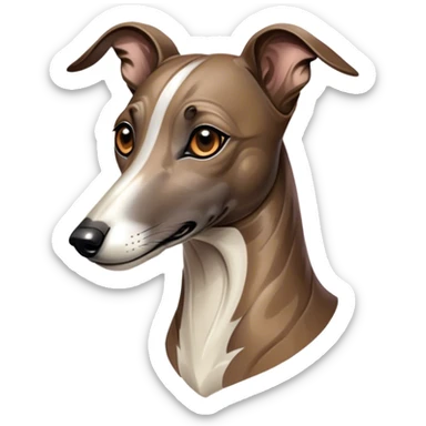 Cinematic Noble Brindle Greyhound Portrait Emoji, Poised and regal, with a slender, aerodynamic build and a refined brindle Fur, deep-set soulful eyes, Simplified yet sharp and sophisticated features, highly detailed, glowing with a soft, dignified glow, high shine, intelligent and agile, stylized with an air of elegance, focused and attentive, soft glowing outline, capturing the essence of a watchful and graceful racer, so majestic it feels as though it could dash out of the screen with effortless authority! sticker