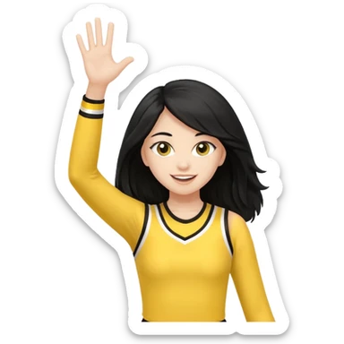 A long black hair teen girl waving pom-poms, eyes sparkling with excitement, yellow cheer leader top sticker