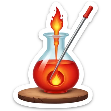 Glassblowing and casting icon, molten glass being shaped into a delicate object with a blowpipe, glowing red-hot glass being poured into a mold, unfinished glass sculpture, minimalistic style, clean lines, transparent background. sticker