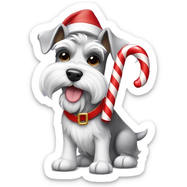 White and grey schnauzer wearing an elf costume holding a candy cane in its mouth sticker