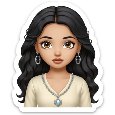 a pretty bratz dusky girl with long wavy black hair, kajal under eyes, small silver hoop. ivory coloured kurti sticker