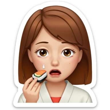 Brown hair girl eating sushi crying funny sticker