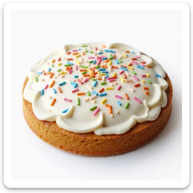 realistic round cake with white frosting and colorful sprinkles, photorealistic style sticker