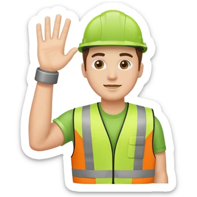 employee holding a car engine part in one arm, waving right hand, wearing a green safety vest sticker