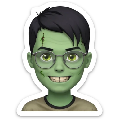 zombie boy, modern hair, green skin, black hair, glasses, risk on the eyebrow, scars, creepy expression, smile, silver teeth sticker