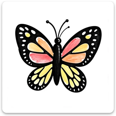 colorful butterfly drawn in childlike crayon style, centered, isolated on white background sticker