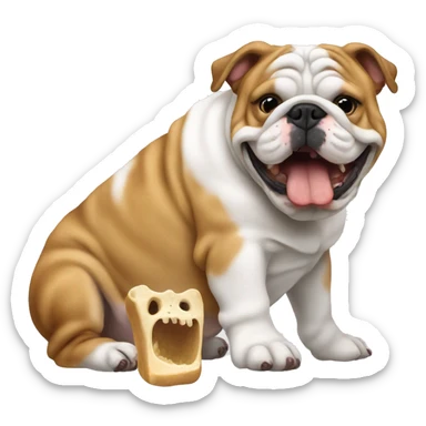 An English bulldog eats a bone sticker