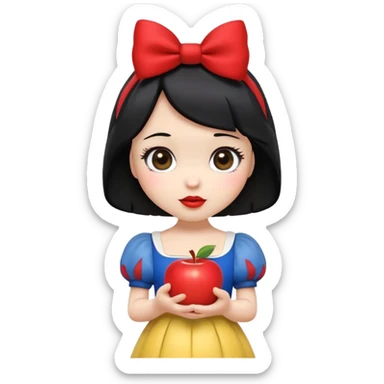 A cute and simplified emoji of Snow White, inspired by Disney's iconic look: short black bob haircut, red bow headband, fair skin, big round eyes, red lips, and holding a red apple. She wears a blue and yellow dress with puffed sleeves. Chibi-style, kawaii expression, small size, high detail for emoji use, clean vector lines, soft shading, white background. sticker