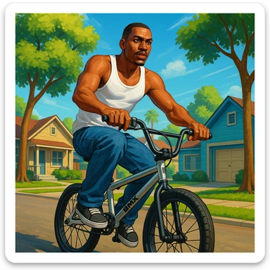 CJ from GTA San Andreas riding a BMX in a suburban background sticker