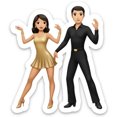 Photorealistic dancesport professional latin couple dancing the cha cha cha at the competition dancefloor, the women is in skinny short sparkly dress, the man is in black shirt and black classic pants, the women has brown long hair, the man has short black hair  sticker