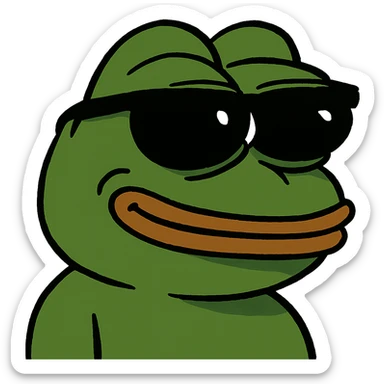 Pepe the Frog wearing sunglasses, looking cool, classic Pepe style sticker