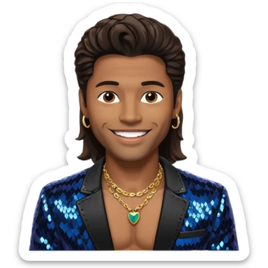 Eric Benét with long dark brown hair, black sequin jacket, shirtless with necklace sticker