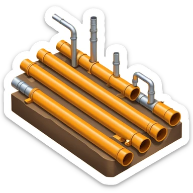 Emoji-style illustration of pipe installation in a trench, flat vector look, bold outlines, minimal details, no background sticker
