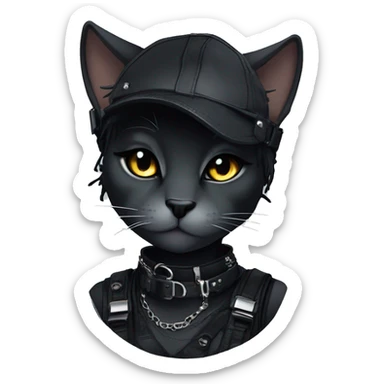 Gorgeous dark techwear cyberpunk style anthro cat sona, punk aesthetic, and pretty edgy black with collar and harness, trending style sticker