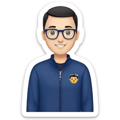 Fair-skinned man with extremely short black hair (very close buzz cut), short salt and pepper beard, large black-framed glasses, smiling, wearing navy blue long sleeve zip sweatshirt sticker