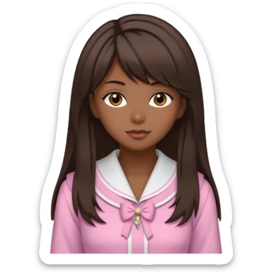 Dark skin, light skin, brown eyes, medium dark brown hair, side bangs, and wears a gyaru outfit  sticker