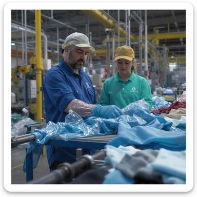 vertical realistic illustration of PET bottle recycling process in factory, visible steps from plastic to polyester fabric and finished clothes, industrial details, professional atmosphere, aspect ratio 2:3 sticker