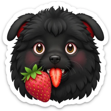 A black fluffy dog with a strawberry sticker