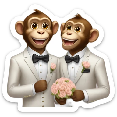 Two male monkeys celebration their wedding accompained with their golden retriever. sticker
