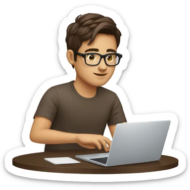young male causcasian designer, brown hair, tortoise square eyeglasses,  working on laptop sticker
