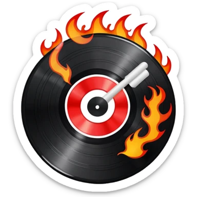 a black vinyl record white stick  with red outlin and flames  sticker