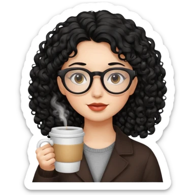 Girl curly black hair wearing glass with drinking coffee sticker