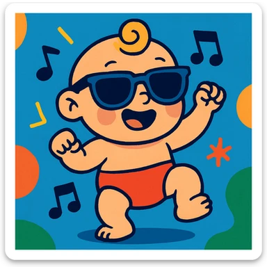 baby dancing with sunglasses, vibrant cartoon style sticker