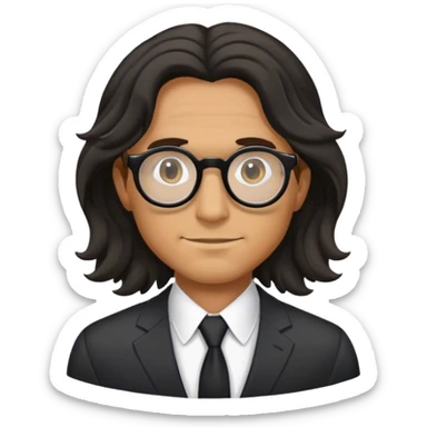 man with a long black wavy hair in a suit wearing round glasses sticker