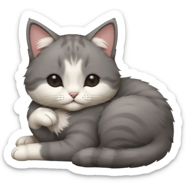 dark grey and white small cat with his eyes closed, leaning his head on his paw while leaning on his elbow lying down sticker