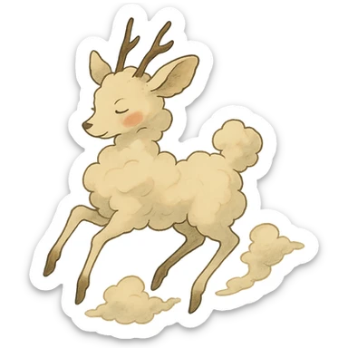 vanilla cloud doe with rosy cheeks, floating gracefully with witch-like elegance, brand identity mascot for social media, Ghibli style sticker
