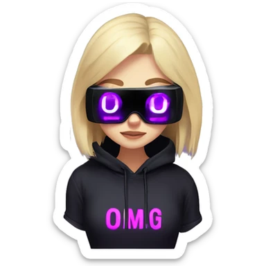 Russian cute blond student girl wearing black hoody with violet letters "OMG", in vr headset. No eyes. Cyberpunk style. Violet neon. sticker