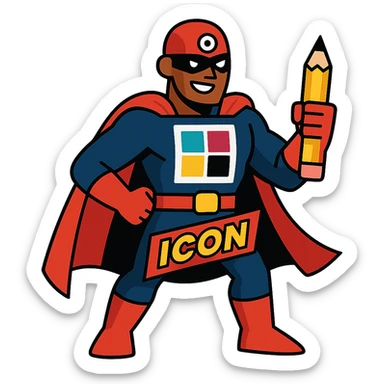 superhero character named Icon with a graphic designer theme sticker