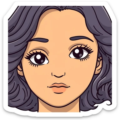woman face with big grey eyes, medium skin tone, and black wavy hair sticker