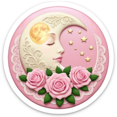 A round pink button with light cream damask lace, a full moon and stars and pink roses sticker